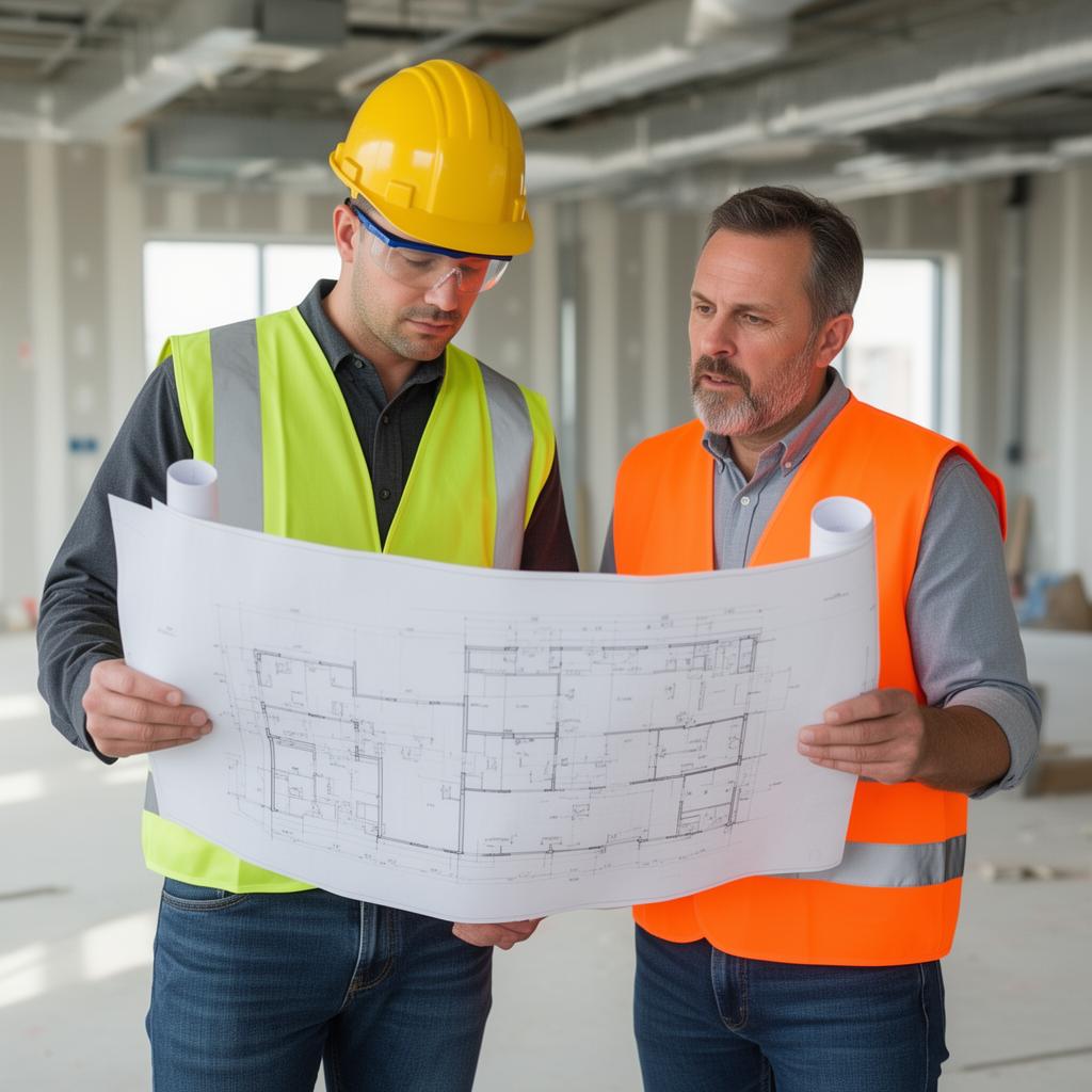 Electrician and client reviewing blueprints